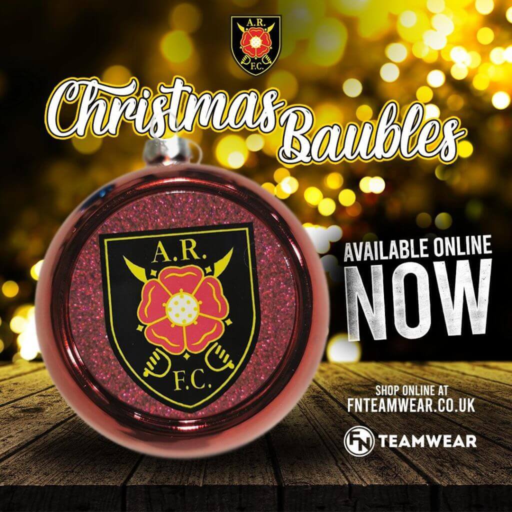 Poster advertising Christmas tree baubles with ARFC logo